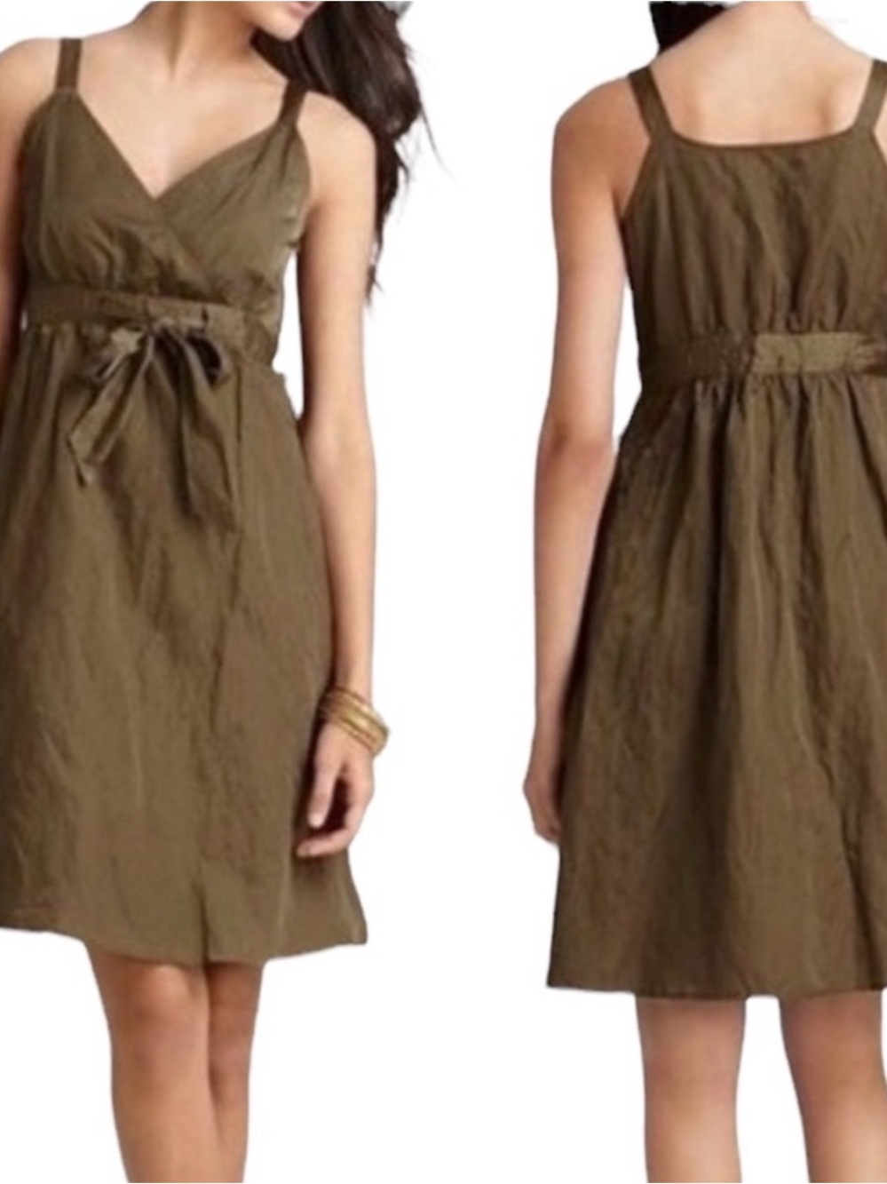 Eileen Fisher Metallic Olive Green Faux Wrap Dress Size 10 Designer Minimalist